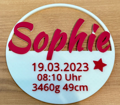 Personalisiertes Türschild mit Geburtsdaten – Rundes 3D-Design