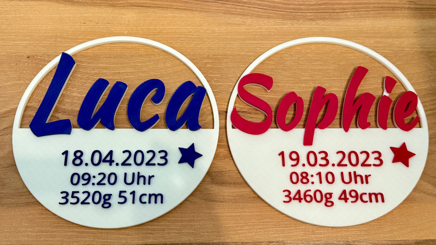 Personalisiertes Türschild mit Geburtsdaten – Rundes 3D-Design