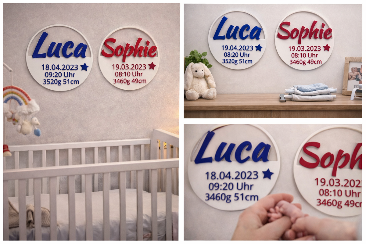 Personalisiertes Türschild mit Geburtsdaten – Rundes 3D-Design
