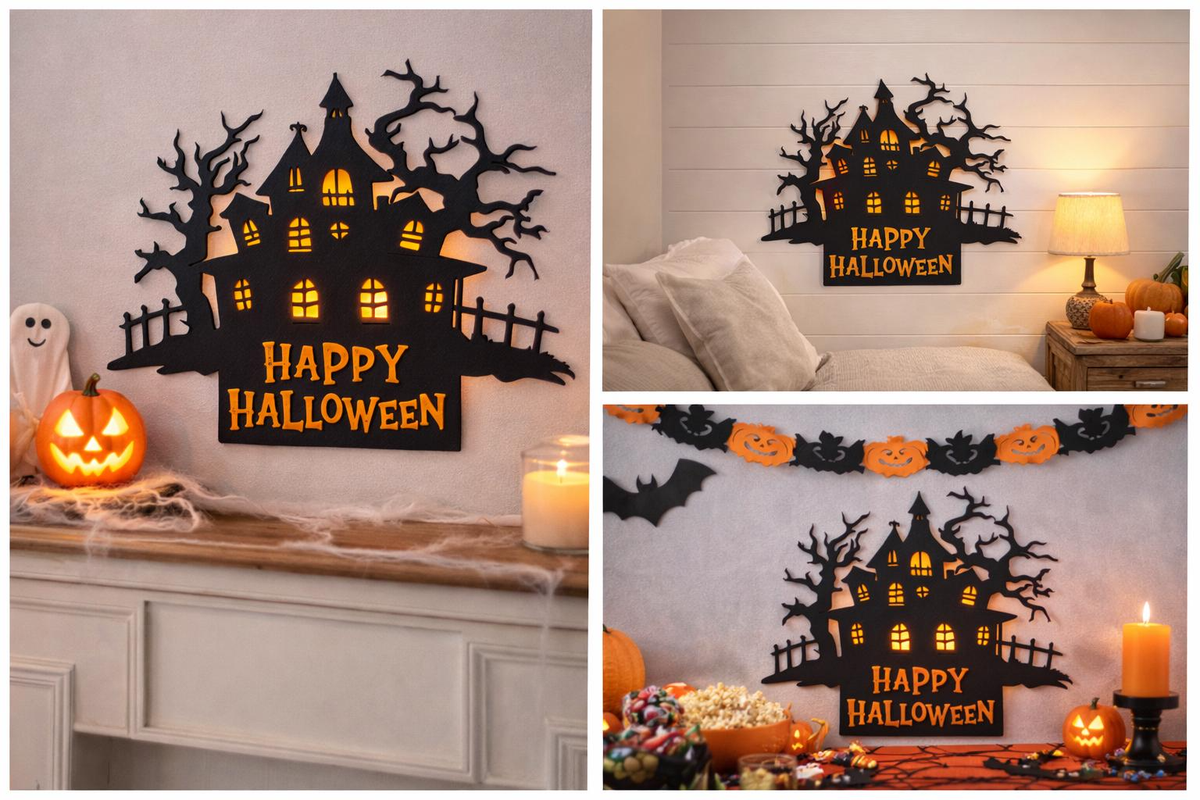 Gruselhaus-Türschild „Happy Halloween“