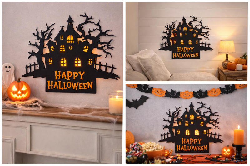 Gruselhaus-Türschild „Happy Halloween“