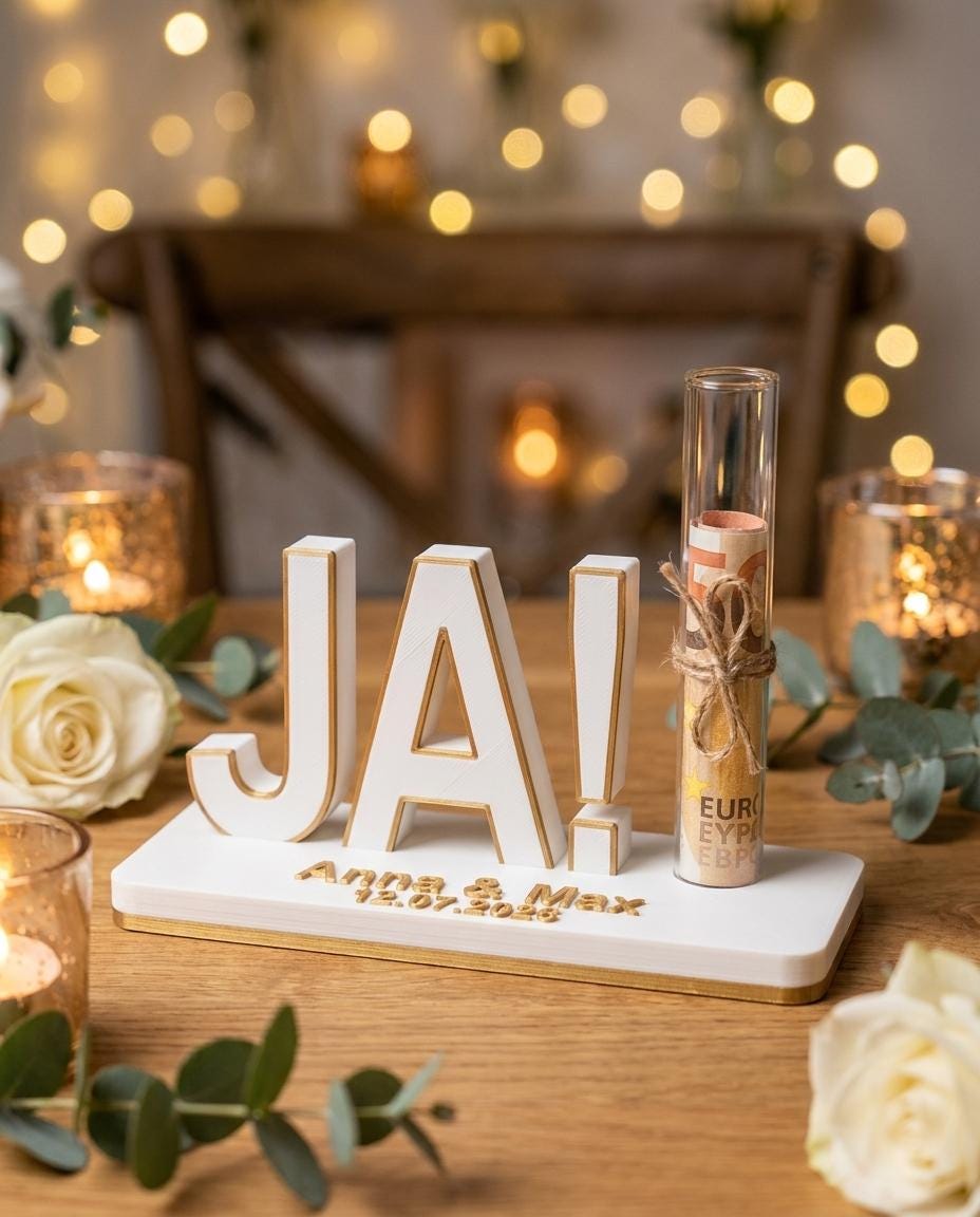 Geldgeschenk Hochzeit personalisiert mit Namen und Datum, JA Aufsteller mit Reagenzglas, originelle Geldverpackung Brautpaar