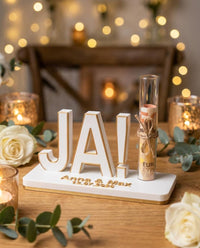 Geldgeschenk Hochzeit personalisiert mit Namen und Datum, JA Aufsteller mit Reagenzglas, originelle Geldverpackung Brautpaar