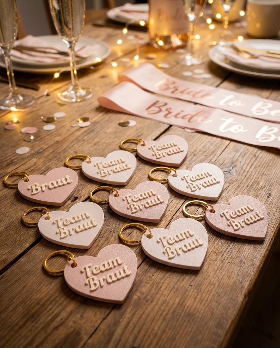 JGA Anhänger Team Braut 10er Set, Junggesellinnenabschied Accessoires, Herz Anhänger personalisiert, Brautjungfern Geschenk Hochzeit