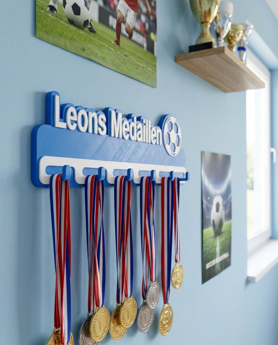 Medaillenhalter Kinder personalisiert mit Name, Fußball Geschenk Junge Mädchen, Medaillen Aufhängung Wand, Sport Deko Kinderzimmer