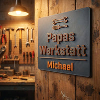 Vatertag Geschenk personalisiert, Papas Werkstatt Schild mit Namen