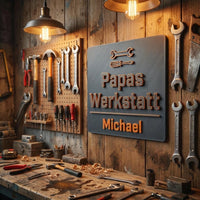 Vatertag Geschenk personalisiert, Papas Werkstatt Schild mit Namen