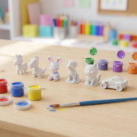 3D Ausmalfiguren Set zum Bemalen | 6 Stück Einhorn Dino Hund Katze Hase Auto | Kinder Bastelset DIY weiß blanko | Geschenk Kindergeburtstag