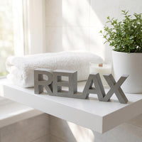 RELAX Schriftzug Deko 3D Buchstaben freistehend, Wohnzimmer Regal Deko Beton-Optik, Geschenk Einzug Wellness Badezimmer, modern