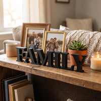 FAMILY Schriftzug 3D Buchstaben freistehend, Wohnzimmer Wohndeko schwarz, Familienschild personalisierbar Wunschname, Geschenk Familie