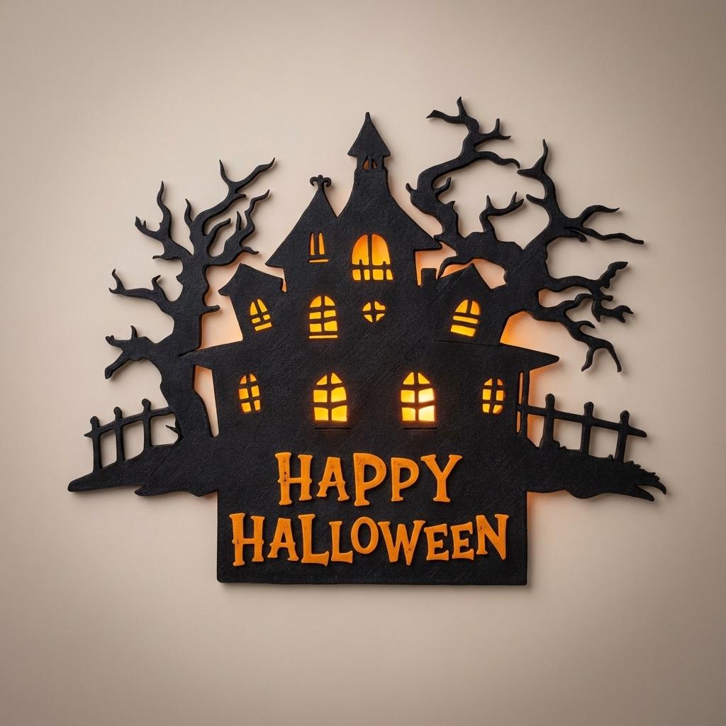 Gruselhaus-Türschild „Happy Halloween“