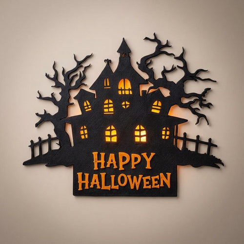 Gruselhaus-Türschild „Happy Halloween“