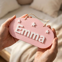 Türschild Kinderzimmer personalisiert mit Namen, Geschenk zur Geburt, Taufgeschenk, Namensschild Kind, Babyzimmer Deko Wolke mit Sternen