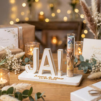 Geldgeschenk Hochzeit personalisiert mit Namen und Datum, JA Aufsteller mit Reagenzglas, originelle Geldverpackung Brautpaar