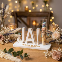 Geldgeschenk Hochzeit personalisiert mit Namen und Datum, JA Aufsteller mit Reagenzglas, originelle Geldverpackung Brautpaar