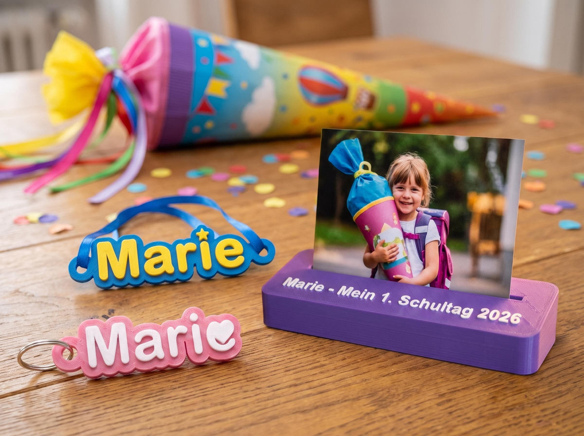 Einschulungs Set personalisiert mit Name, Schultüten Schild und Fotorahmen und Ranzen Anhänger, Einschulung 2026 Geschenk Komplett Set