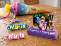 Einschulungs Set personalisiert mit Name, Schultüten Schild und Fotorahmen und Ranzen Anhänger, Einschulung 2026 Geschenk Komplett Set