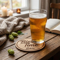 BIER TIME Bierdeckel Set personalisiert | 4er Untersetzer mit Name | Junggesellenabschied Geschenk Mann | Geburtstag Vatertag Bar Deko