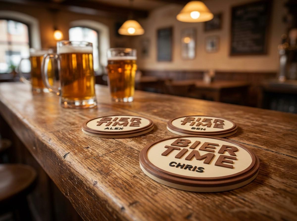 BIER TIME Bierdeckel Set personalisiert | 4er Untersetzer mit Name | Junggesellenabschied Geschenk Mann | Geburtstag Vatertag Bar Deko