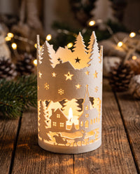Weihnachts-Windlicht Winterszene geschnitzt | LED-Teelichthalter 3D Druck | Adventsdeko Personalisiert Weihnachtsgeschenk