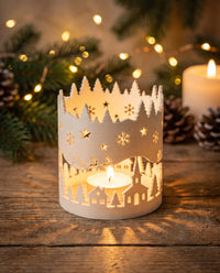 Weihnachts-Windlicht Winterszene geschnitzt | LED-Teelichthalter 3D Druck | Adventsdeko Personalisiert Weihnachtsgeschenk