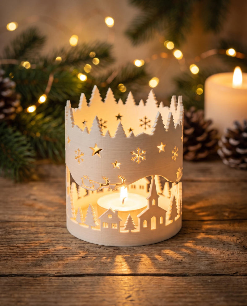 Weihnachts-Windlicht Winterszene geschnitzt | LED-Teelichthalter 3D Druck | Adventsdeko Personalisiert Weihnachtsgeschenk