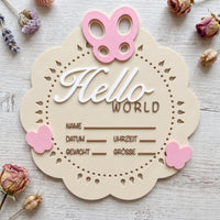 Hello World Geburtsschild Baby | Meilenstein Schild zur Geburt personalisierbar | Tischdeko Taufe Babyparty Mädchen Junge | Rosa Blau