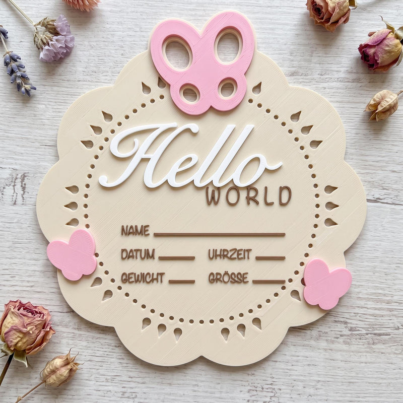 Hello World Geburtsschild Baby | Meilenstein Schild zur Geburt personalisierbar | Tischdeko Taufe Babyparty Mädchen Junge | Rosa Blau