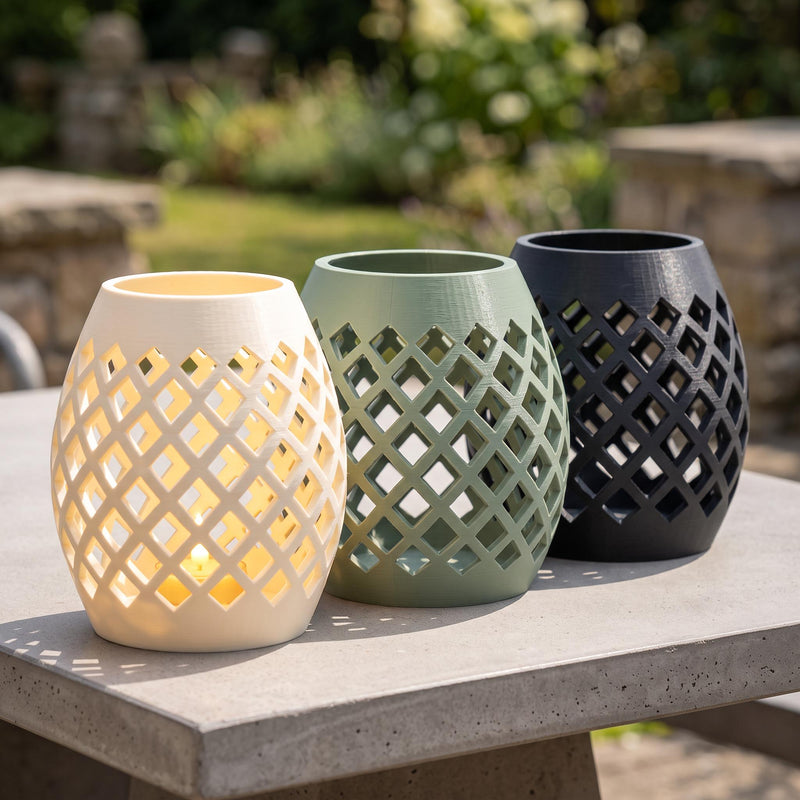 Windlicht Laterne Rautenmuster für LED Teelicht | Tischdeko Garten Balkon Terrasse | Lichtspiel Deko innen außen | 3D Druck Geschenk
