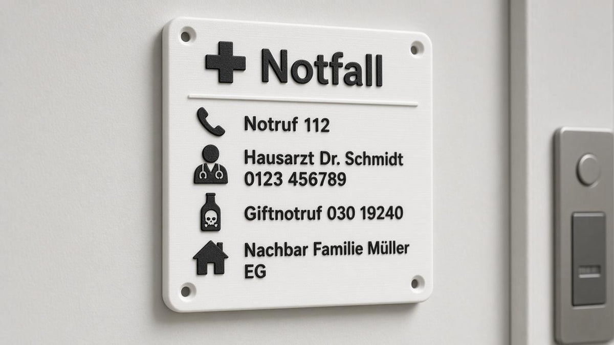 Personalisiertes Notfallschild Tür | Notruf 112 Hausarzt Giftnotruf | 3D Druck weiß schwarz