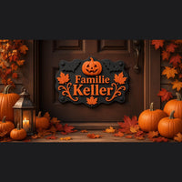 Halloween Familienschild personalisiert mit Namen – 3D gedrucktes Türschild mit Kürbis – Bild 1