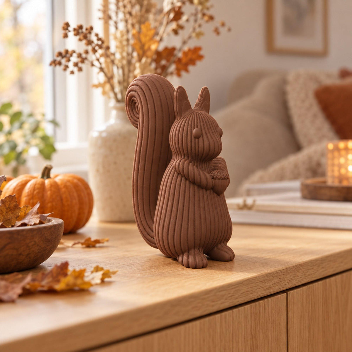 Eichhörnchen Figur 3D Druck | Herbstdeko Eichhörnchen mit Eichel | Rillen Design modern | Tierfigur Deko | Geschenk Herbst