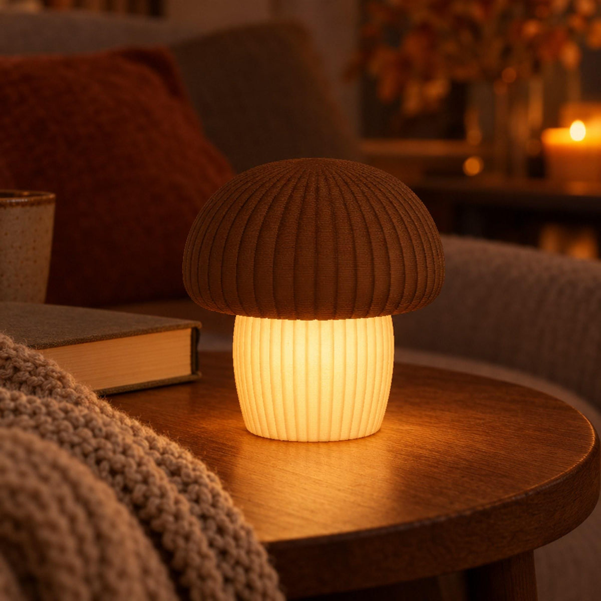Pilz Lampe 3D Druck | Pilz Deko mit LED Teelicht | Rillen Design | Schraubbar | Herbstdeko Licht | Gemütliche Tischlampe