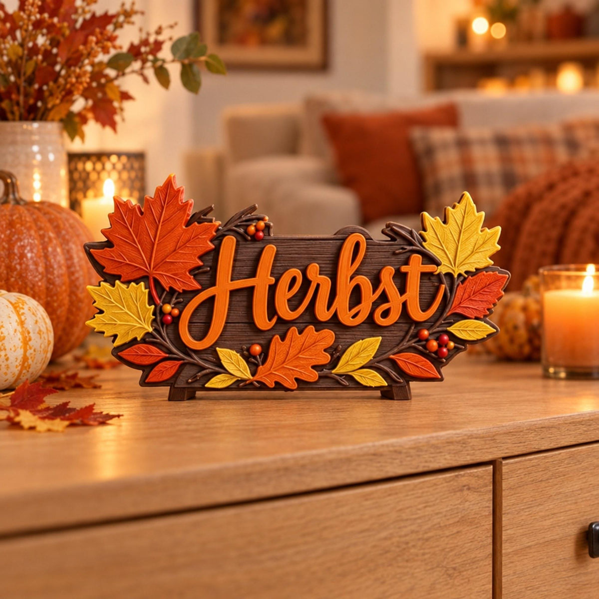 Herbst Schild 3D Druck | Herbstdeko mit Blättern | Bunte Herbst Tischdeko | Türschild Herbst | Deko Schriftzug Herbst