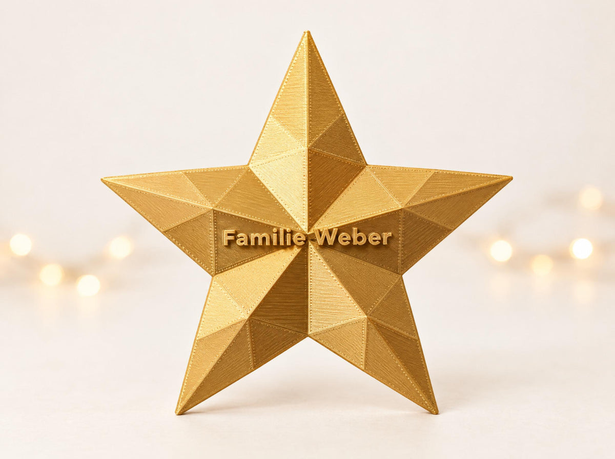 Christbaumspitze Stern personalisiert | Baumspitze mit Familienname | Goldener Stern 3D Druck | Weihnachtsstern Tannenbaum Deko